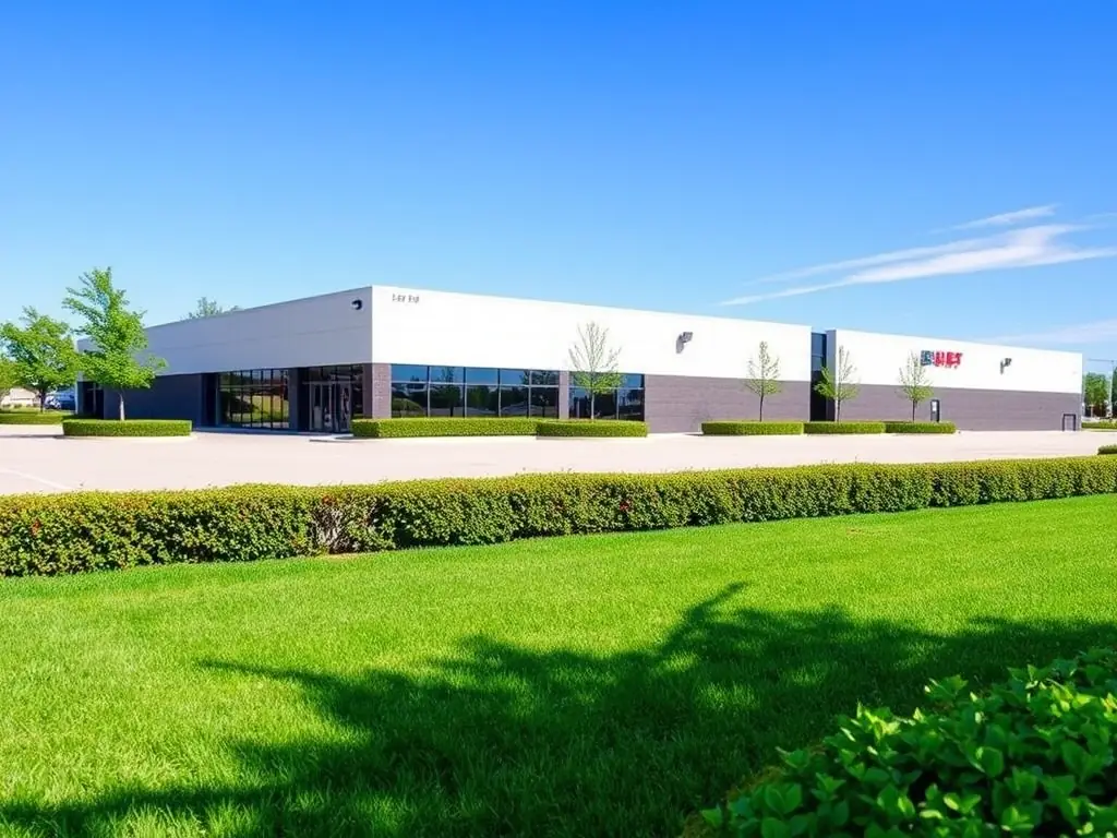 A well-maintained commercial lawn with vibrant green grass and neatly trimmed hedges, showcasing the professional landscaping services provided by Loera Greenscapes.