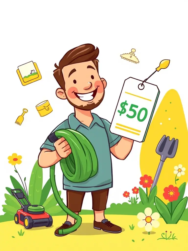 A clear and concise graphic illustrating the concept of affordable landscaping services, possibly with a price tag and a happy homeowner.