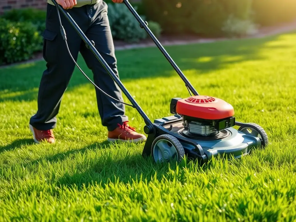 A lush green lawn being mowed by a professional landscaper, showcasing precision and care.