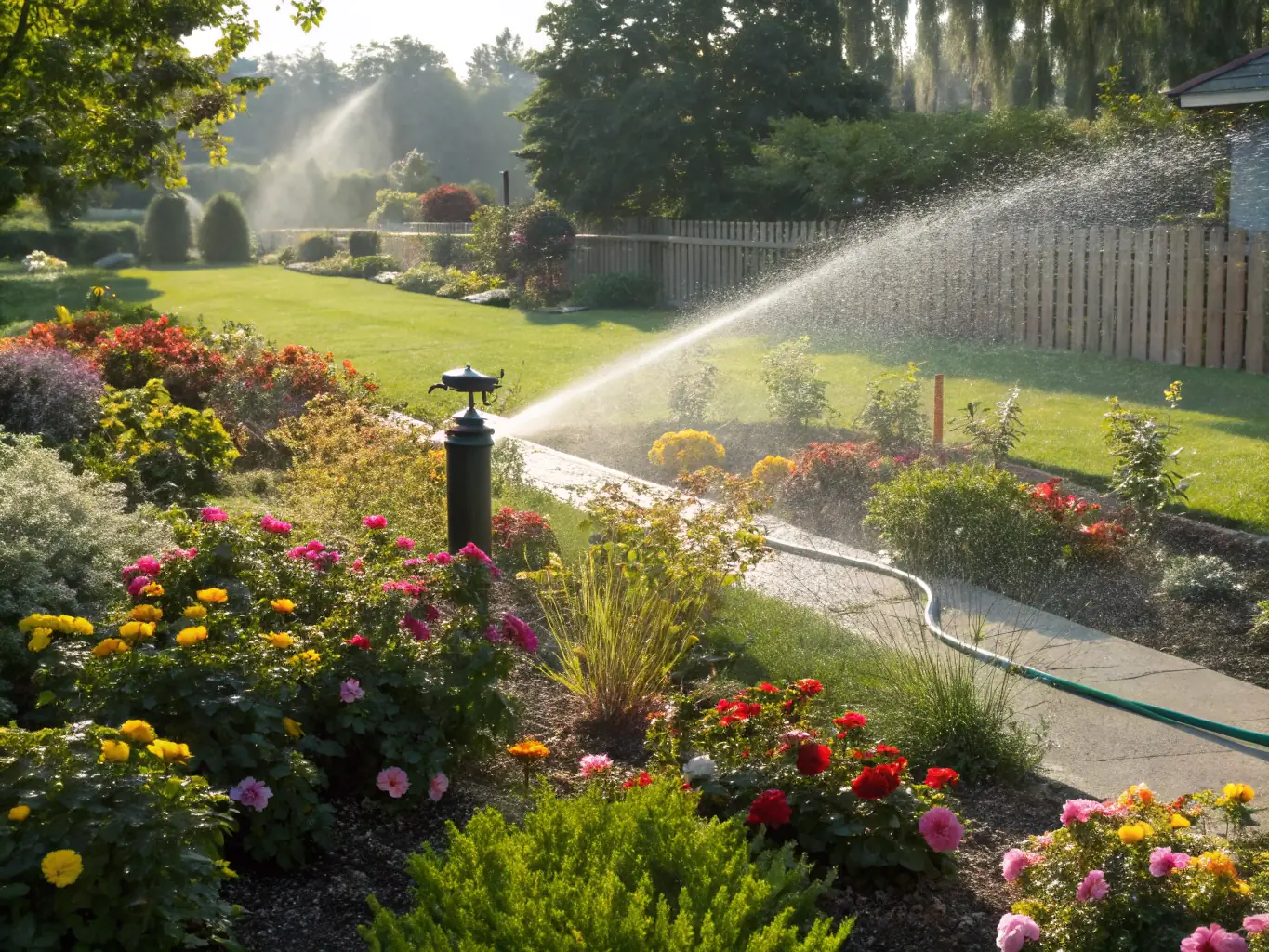 A newly installed irrigation system in a commercial garden, showing Loera Greenscapes' expertise in irrigation solutions.