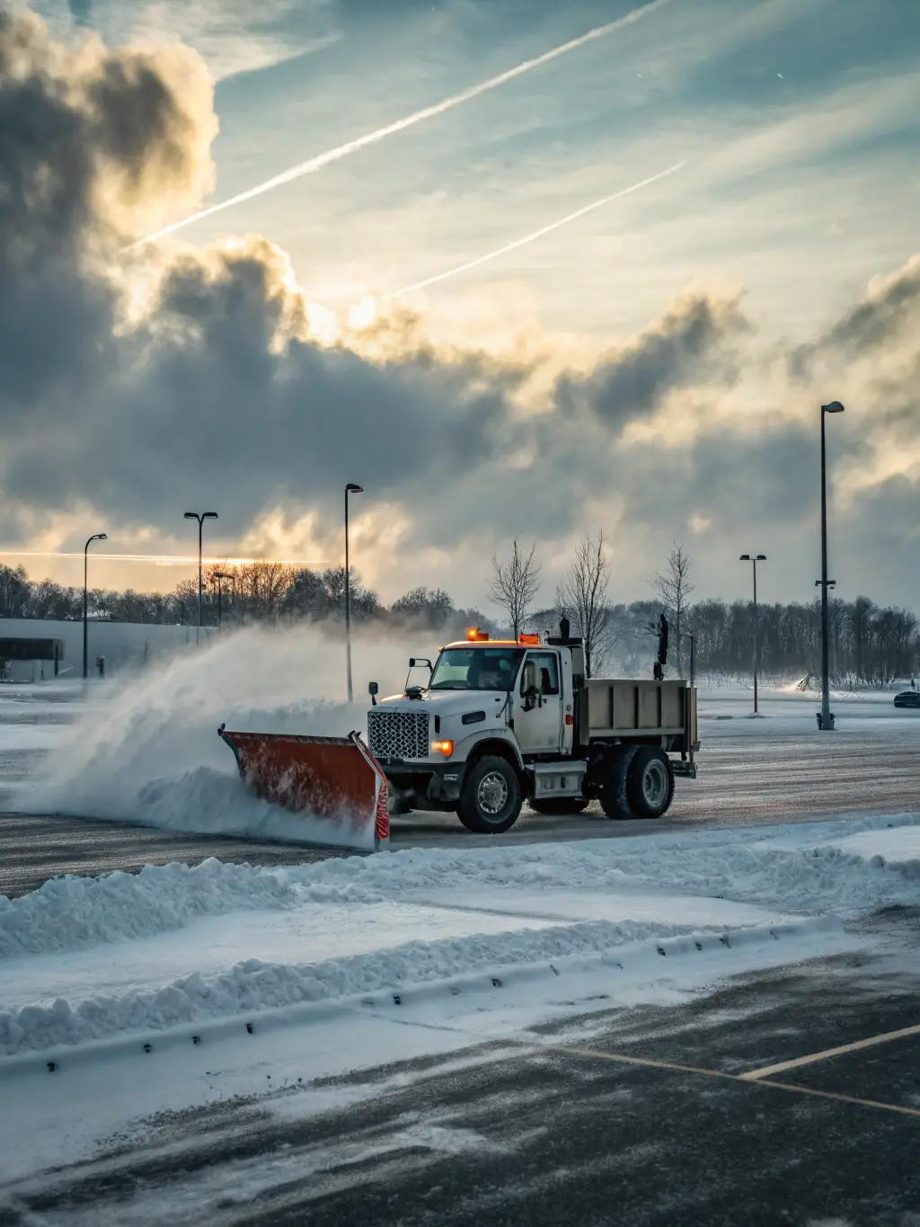 A commercial parking lot with snow neatly plowed to the sides, demonstrating Loera Greenscapes' efficient snow removal service.