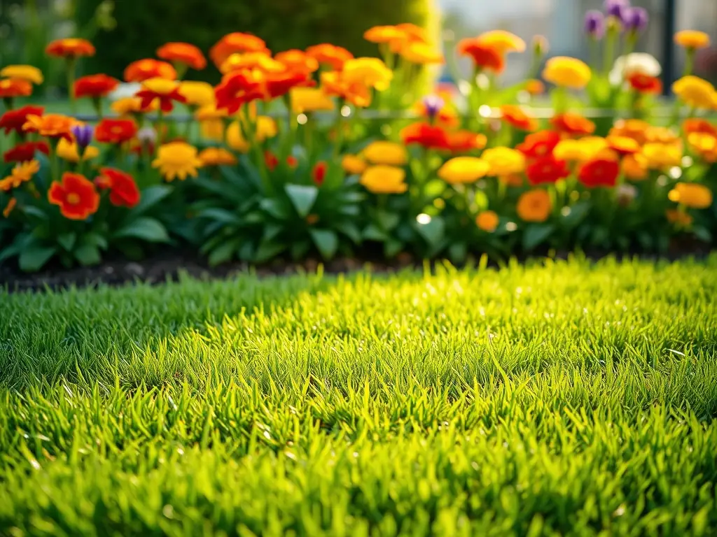 A vibrant image showcasing Loera Greenscapes' spring clean-up service, featuring a well-manicured lawn with colorful flowers blooming, illustrating the freshness and vitality brought to landscapes after winter.