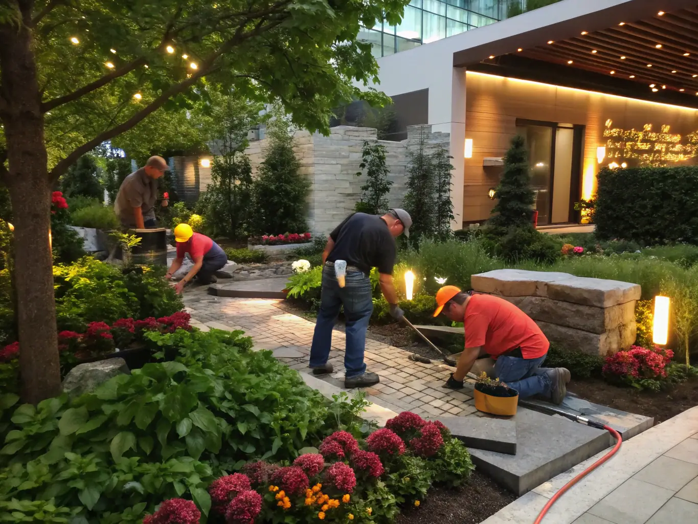 A team of landscapers working on a landscape design project, using tools and equipment to implement the plan.