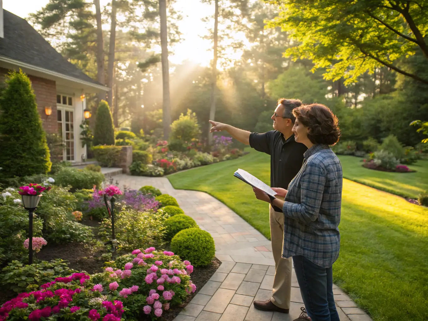 A landscaper conducting an initial consultation with a homeowner in their garden, discussing their landscaping needs and preferences.