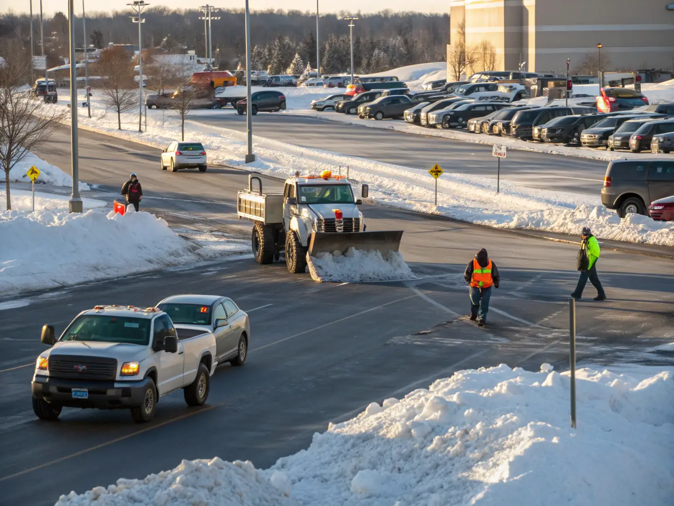 A snow-covered commercial parking lot cleared and salted, demonstrating Loera Greenscapes' efficient snow removal services.