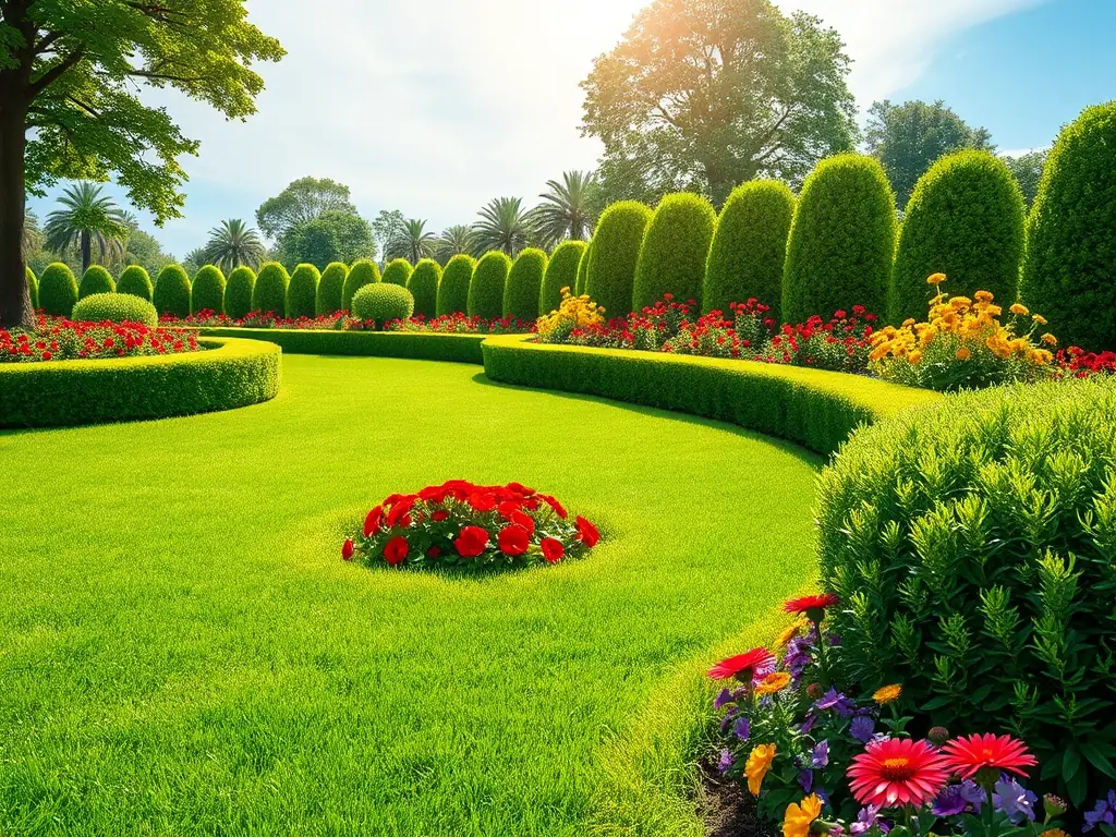 A well-maintained yard with trimmed trees and hedges, showcasing the precision and artistry of tree and shrub care.
