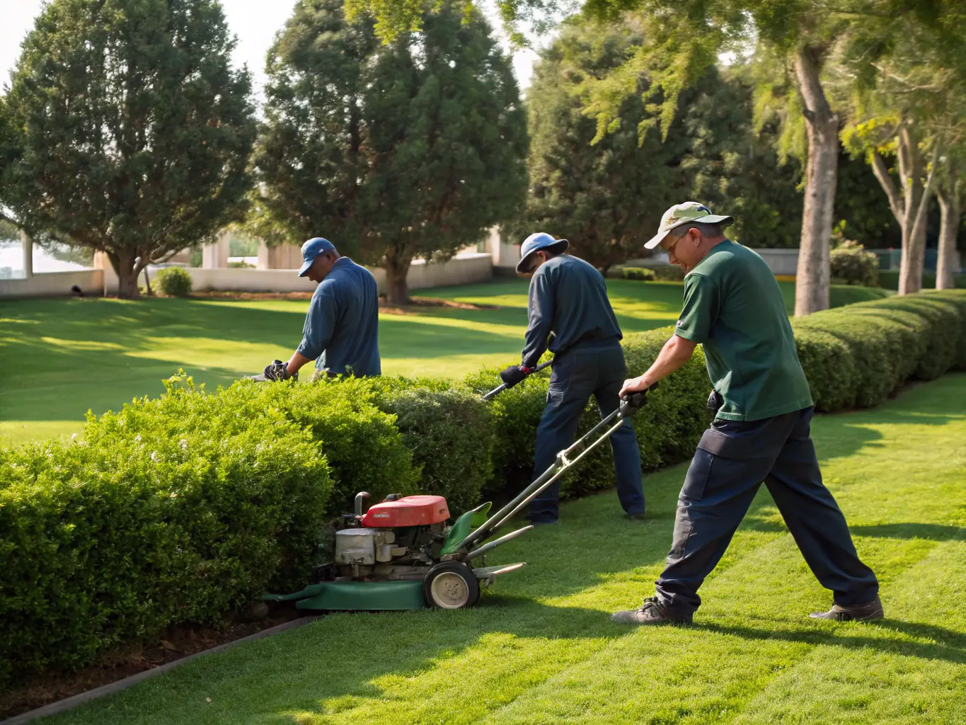 A team of skilled landscapers from Loera Greenscapes working diligently on a residential lawn, showcasing their expertise and attention to detail.