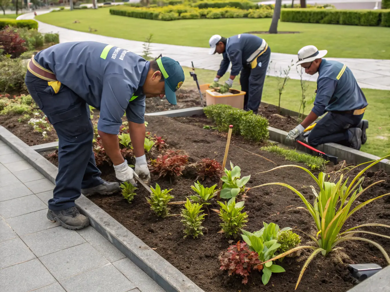 A team of uniformed Loera Greenscapes employees performing landscaping work on a commercial property, emphasizing their licensed and insured status.