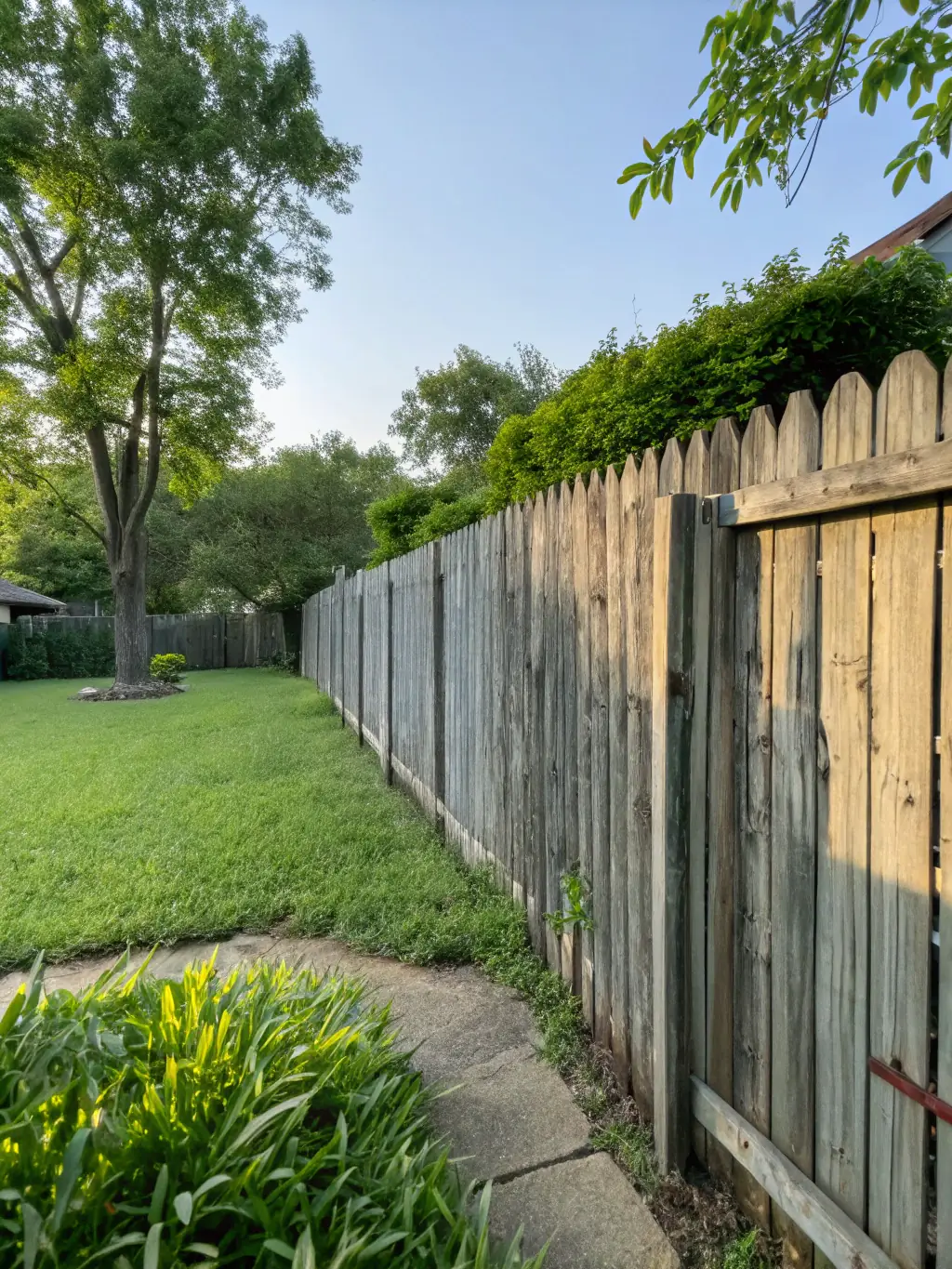 A newly installed wooden fence surrounding a commercial property, providing security and aesthetic appeal, highlighting Loera Greenscapes' fence installation service.