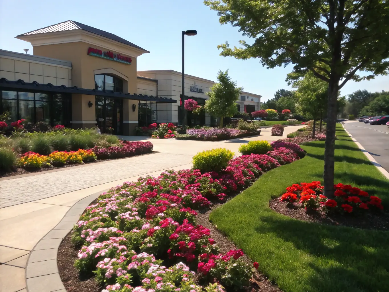 A commercial property with a beautifully landscaped garden, featuring healthy plants, colorful flowers, and a well-maintained lawn, reflecting the consistent results delivered by Loera Greenscapes.