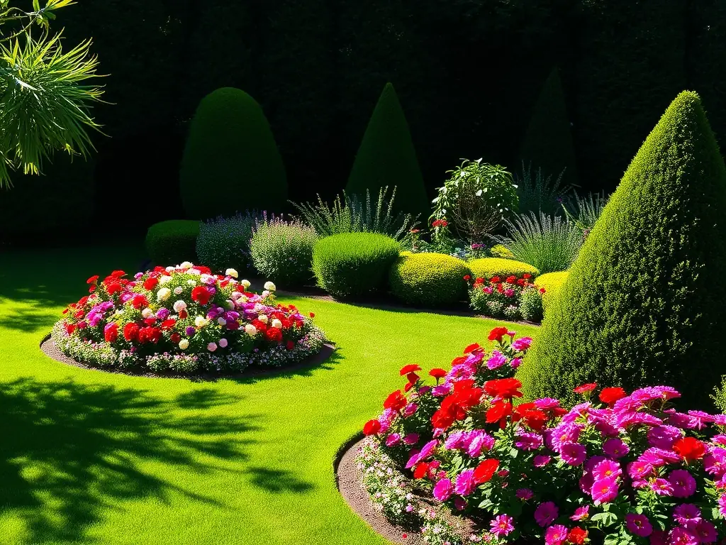 A vibrant garden with colorful flowers and neatly trimmed shrubs, highlighting the beauty of professional planting.