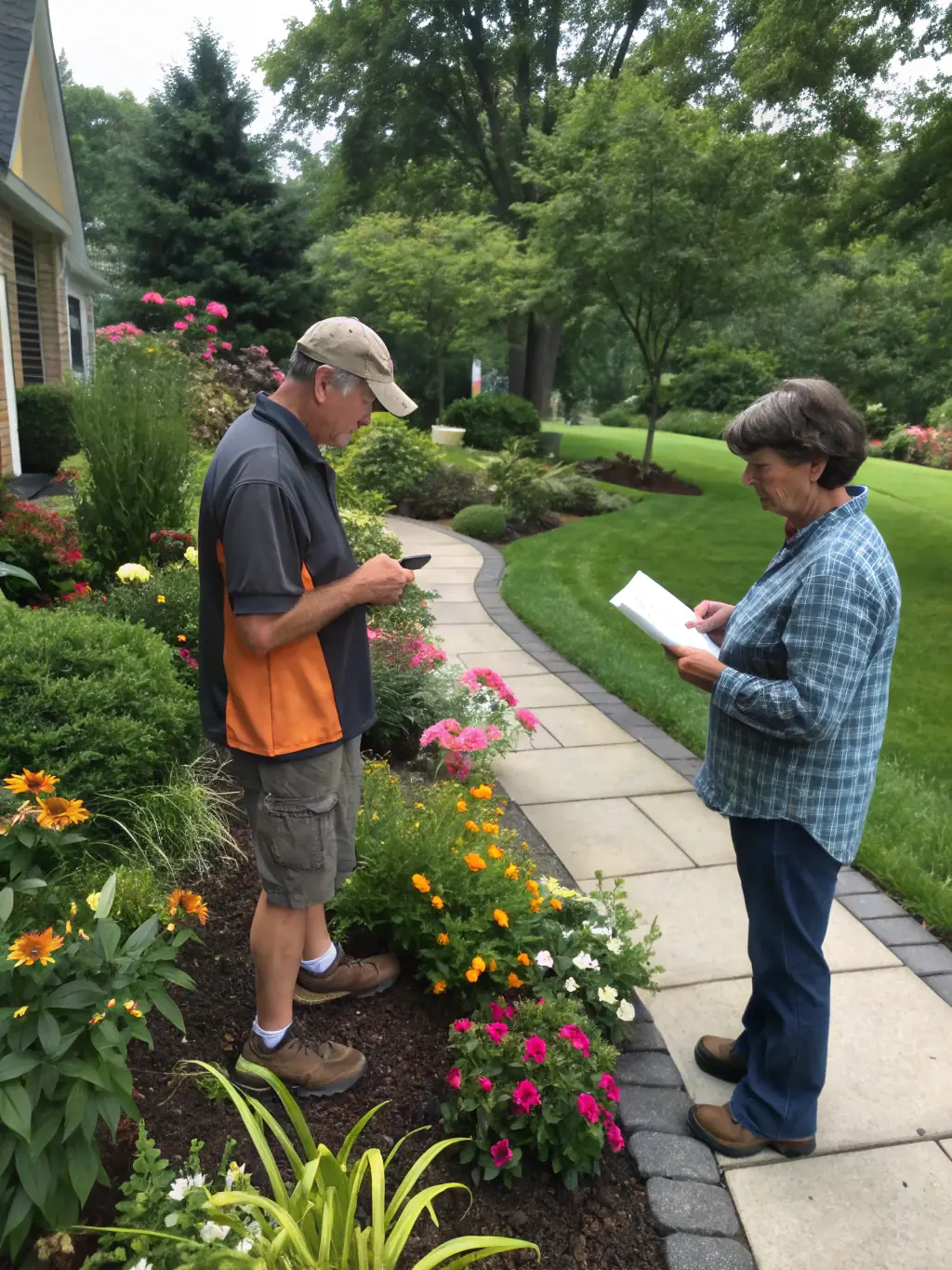 A picture of a Loera Greenscapes team member smiling and interacting positively with a homeowner in their yard, emphasizing friendly service.