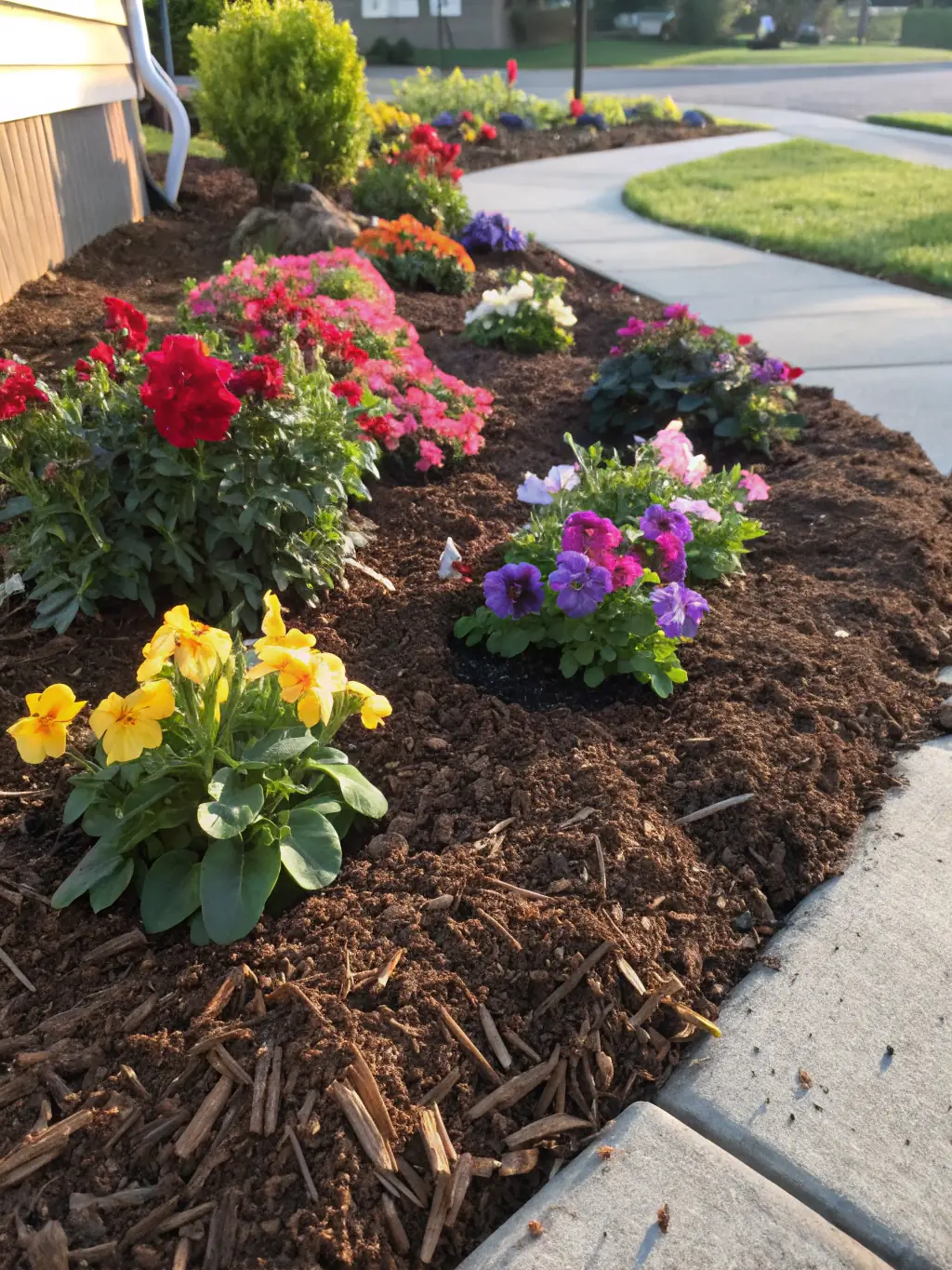A vibrant garden bed filled with colorful flowers and freshly applied mulch, highlighting Loera Greenscapes' planting and mulching services.