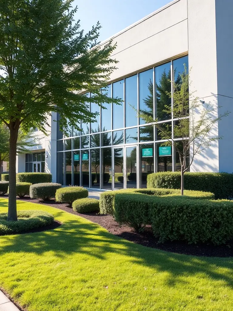 A well-maintained commercial property lawn with neatly trimmed hedges and vibrant green grass, showcasing Loera Greenscapes' landscape maintenance service.