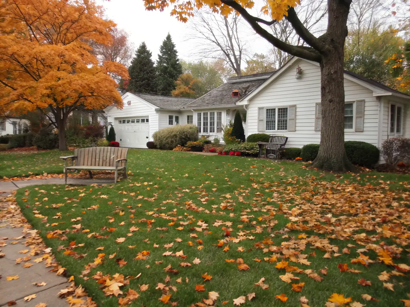 A high-quality image depicting Loera Greenscapes' fall preparation service, showing a yard with neatly raked leaves and trimmed bushes, highlighting the care taken to protect landscapes during the colder months.