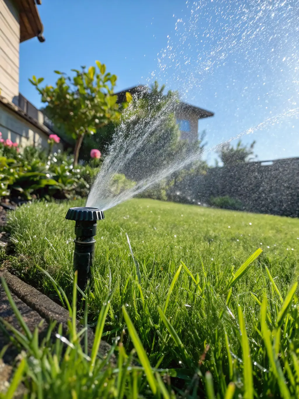 An efficient sprinkler system irrigating a green lawn, showcasing Loera Greenscapes' irrigation solutions.
