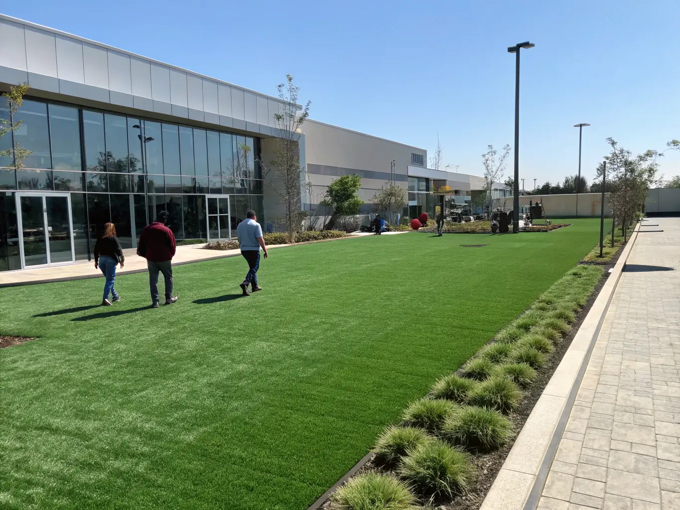 A well-maintained commercial lawn with vibrant green grass and neatly trimmed hedges, showcasing the professional landscaping services provided by Loera Greenscapes.