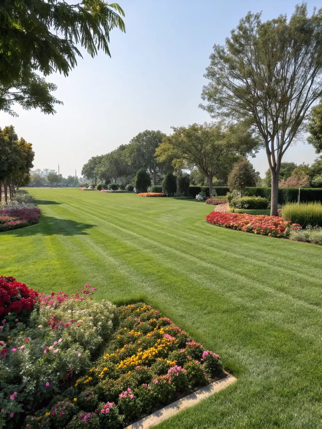 A well-maintained lawn during summer, featuring lush green grass, trimmed hedges, and healthy plants, illustrating Loera Greenscapes' summer maintenance services.