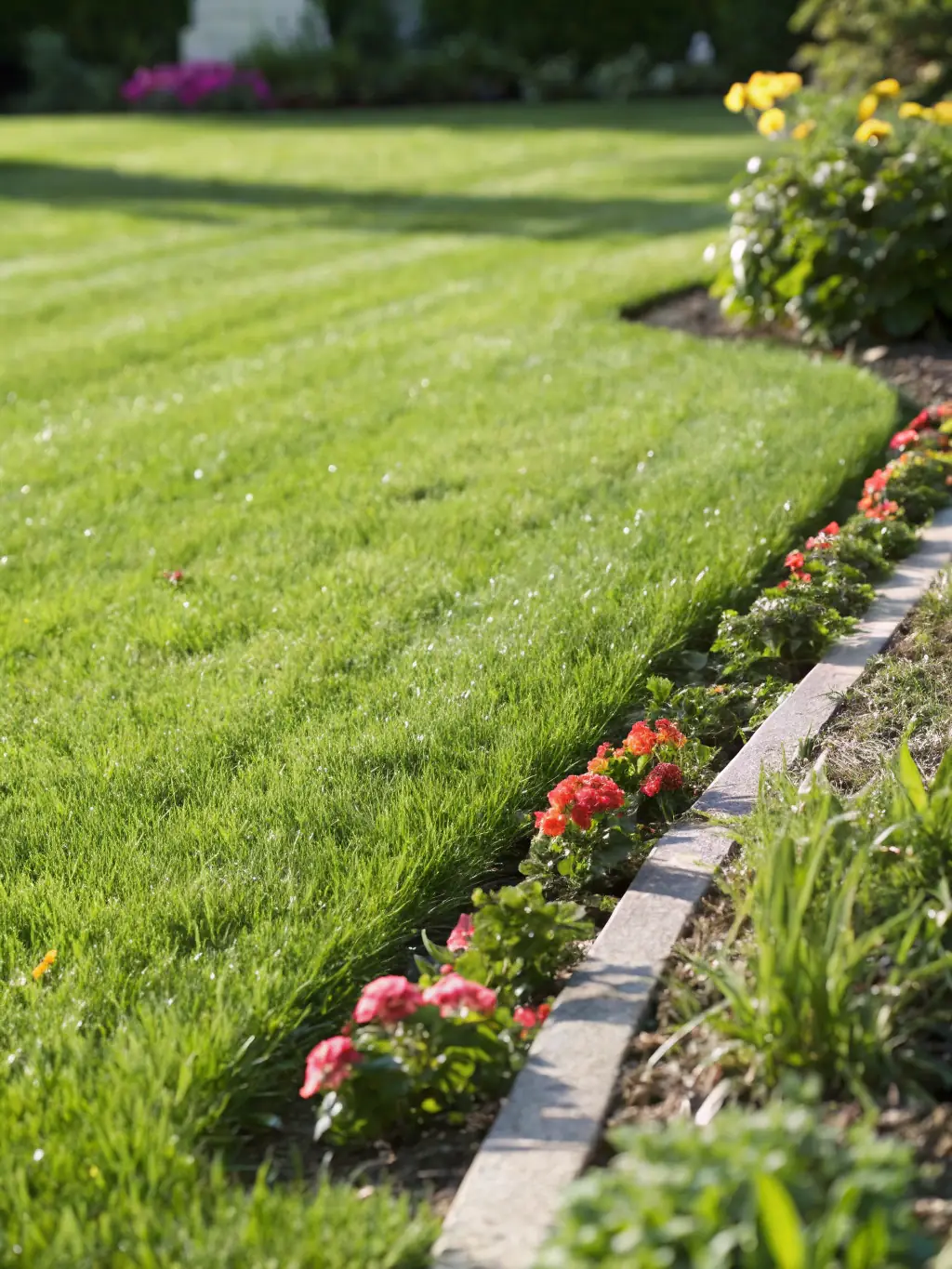 A photo of a lush green lawn in a Denver residential neighborhood, showcasing healthy grass and well-maintained landscaping, taken during a sunny day.