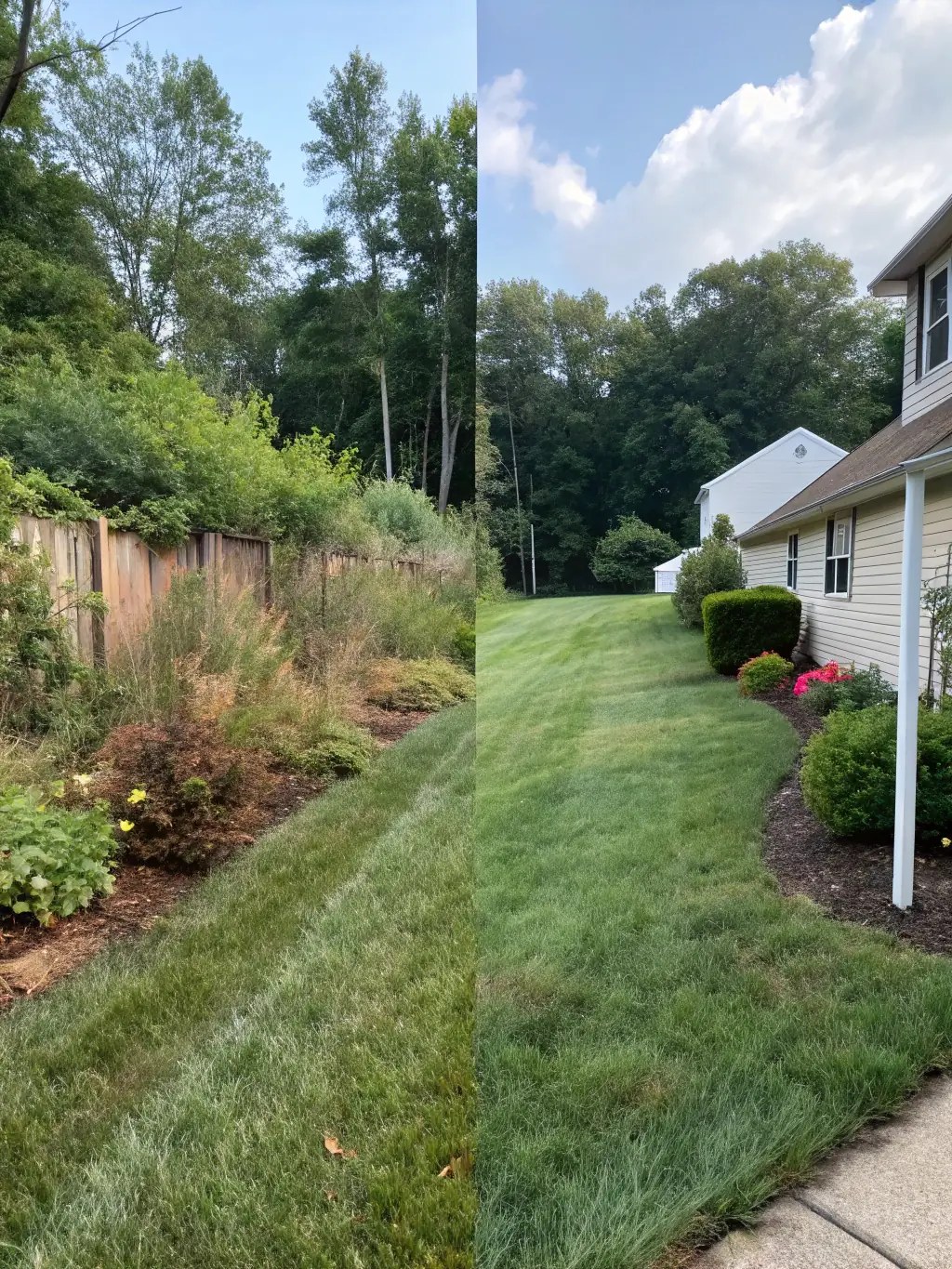 An image showing a before-and-after transformation of a yard, demonstrating the impact of Loera Greenscapes' landscaping services.